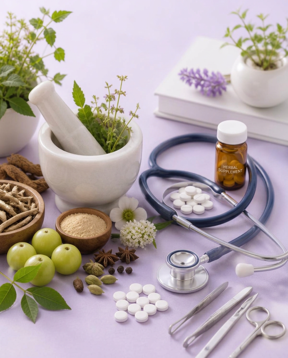 Ayurvedic herbs alongside modern medical tools